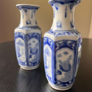 Vintage Blue & White Hexagonal Baluster Vases - 6" Pair