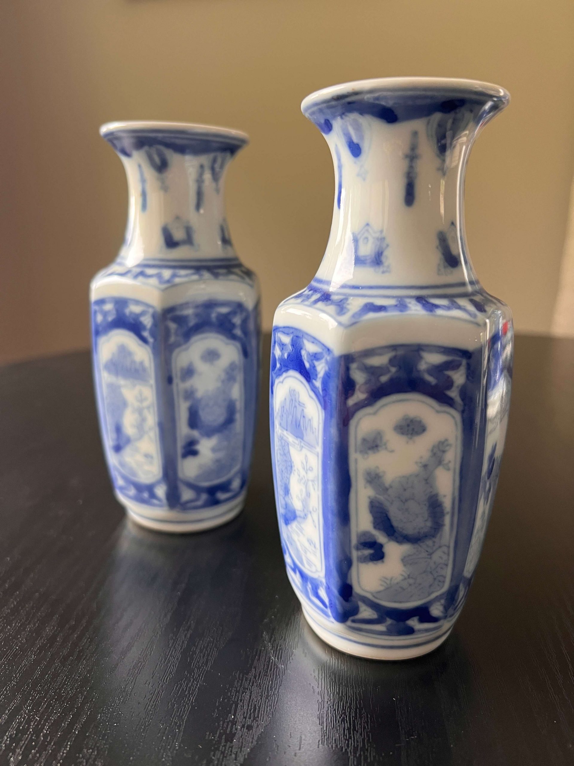 Vintage Blue & White Hexagonal Baluster Vases - 6" Pair