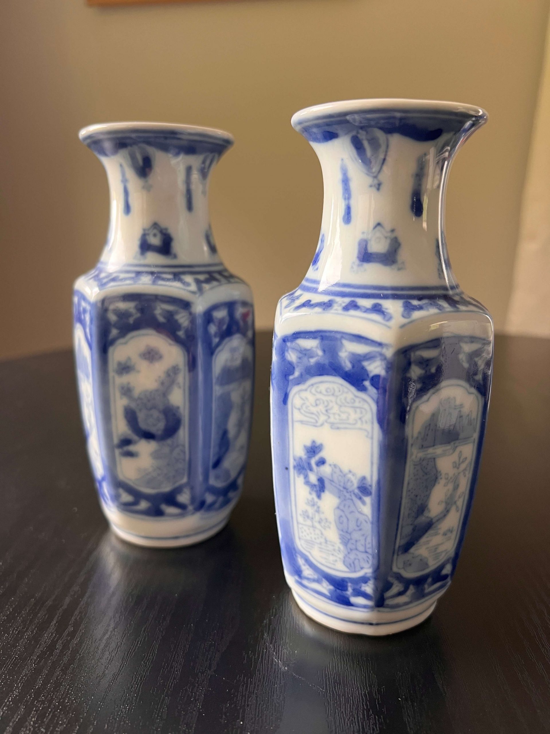 Vintage Blue & White Hexagonal Baluster Vases - 6" Pair - Image 2