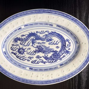 Chinese Jingdezhen Rice Grain Dragon Porcelain Oval Serving Platter - Vintage - Blue & White