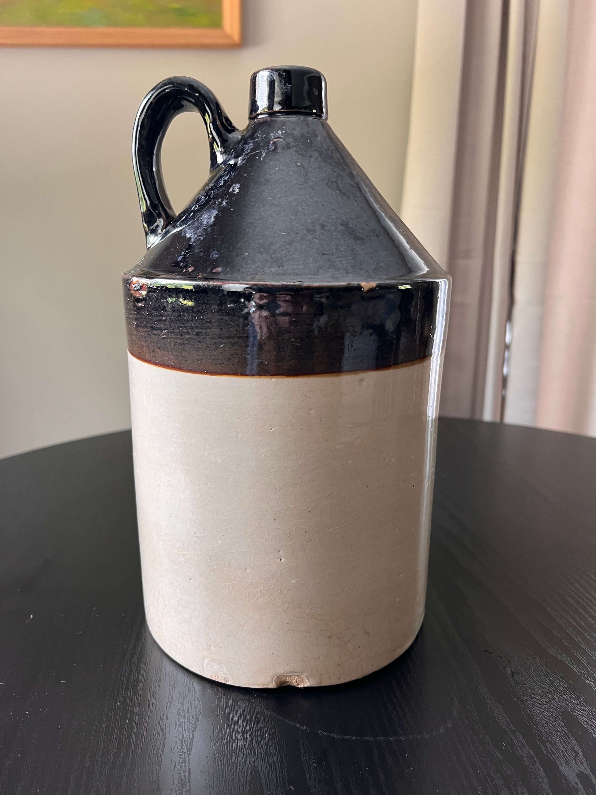 Antique 1-Gallon Two-Tone Stoneware Whiskey Jug – Albany Slip Glaze, 11.5"